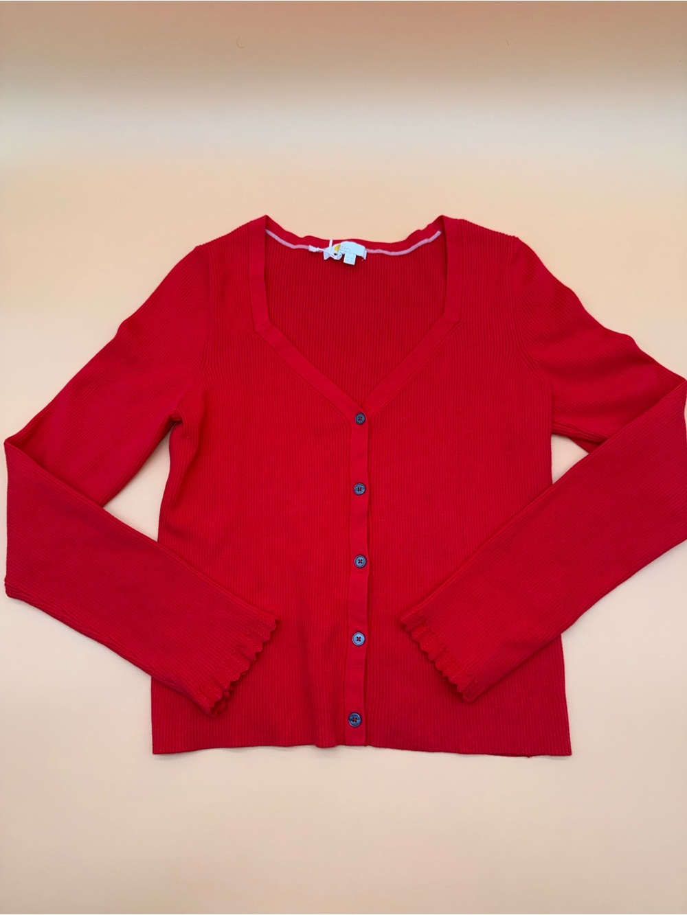Boden Red Ribbed Knit Cardigan Long Sleeve Scalloped Cuff Button Front Preppy